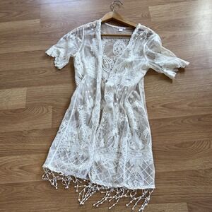 Xhilaration Bohemian Cream Sheer Lacey Women's Beach Cover Up with Tassels XS